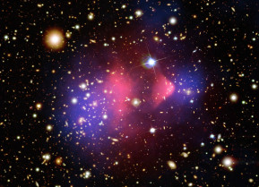 The Bullet Cluster shows the aftermath of a cosmic collision between two galaxy clusters. In this false-color image, the hot gas (pink) slowed down in the collision due to a drag force, while the dark matter (blue) appeared to keep passing through, as one would expect if dark matter is collisionless.